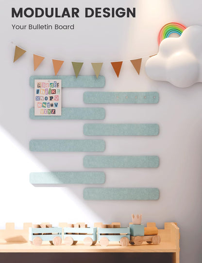 Fluxynara Cork Board Alternative Felt Strip Board 8-Pack 13"x2", Office Pin Board with 50 Push Pins, Adhesive Install for Bedroom Door & Home Office (Teal Blue)