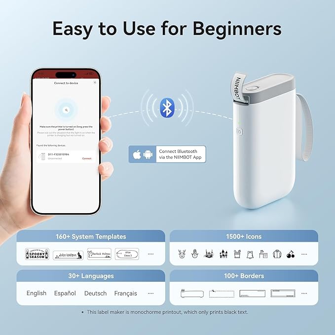 DEEPIN Label Maker Machine Portable Bluetooth Label Maker with Tape, Thermal Label Printer Multiple Templates for Phone, Mini Label Sticker Printer for Business Office Organization (White)