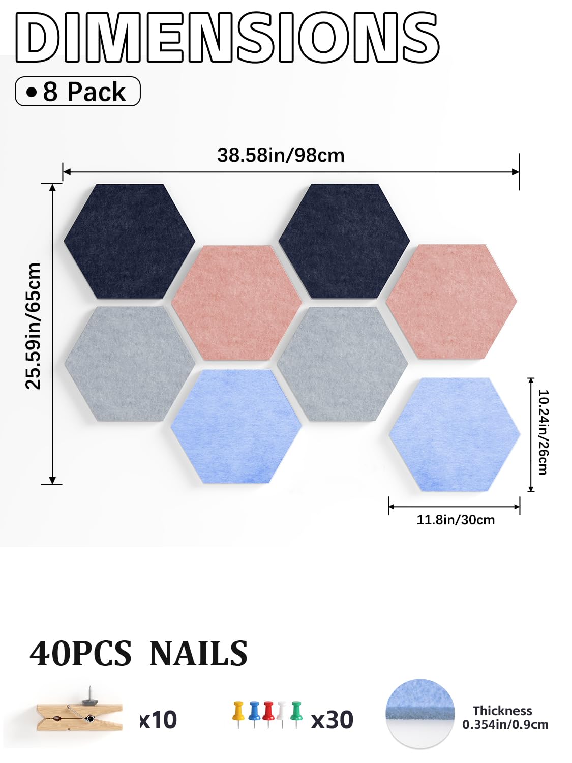 Uoisaiko 8 Pack Hexagon Felt Bulletin Board Tiles - 12" Large Thick Pin Board for Walls with 30 Push Pins, DIY Boards for Office Home School Decor, Aesthetic Hex Cork Board Alternative
