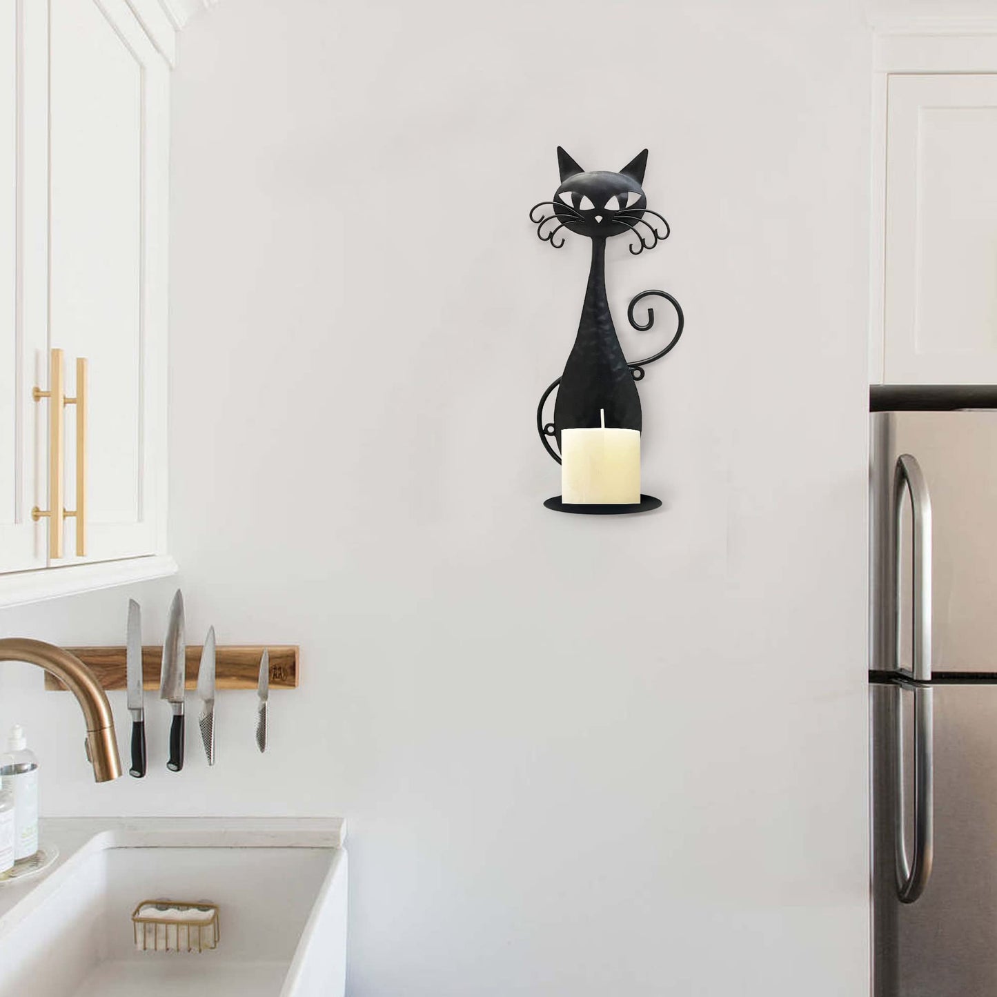 OFILLES Glass Candle Holders for Pillar Candles,Black Metal Cat Wall Sconces Candle Holder