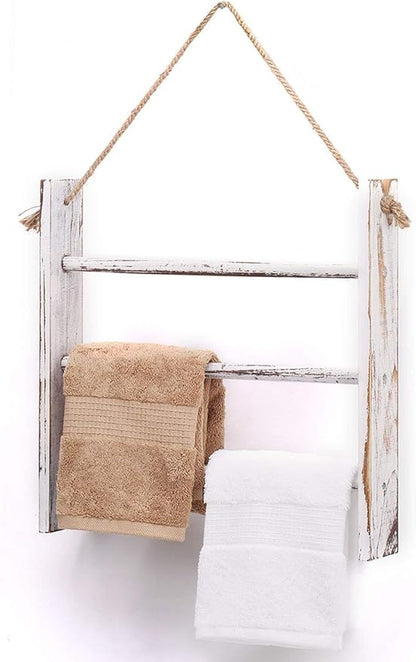 Rustic Wood Ladder Hand Towel Rack for Bathroom, Farmhouse Blanket Ladder for Living Room Hanging Decorative Rack for Blankets Whitewashed Towel Rack with Rope (Whitewashed)