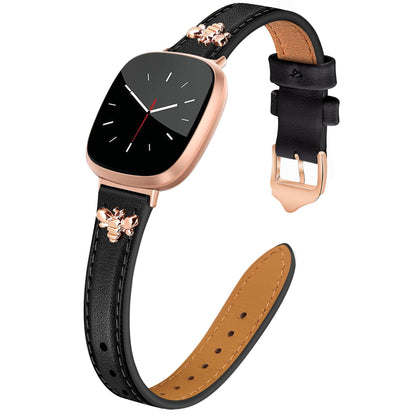 JR.DM Slim Leather Bands Compatible with Fitbit Versa 4/Versa 3/Sense 2/Sense Band, Top Genuine Soft Leather Band with Charms, Feminine Designer Strap for Fitbit Smartwatch, Black Rose Gold