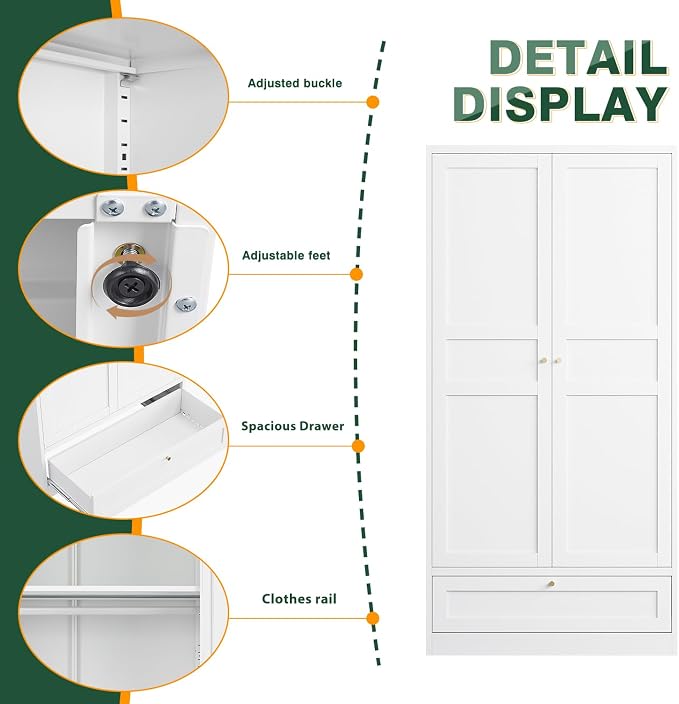Letaya Metal Wardrobe Cabinets,18" Deep Clothing Storage Cabinet with Doors and Shelves,for Home Room,Fire Department, School, Employee,Gym,Government (White)