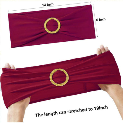 MAGTOWNE Burgundy Chair Sashes 50 Pack with Gold Buckle Slider, Spandex Wine Red Chair Bands Bows for Folding Chairs Wedding Party Banquet Décor