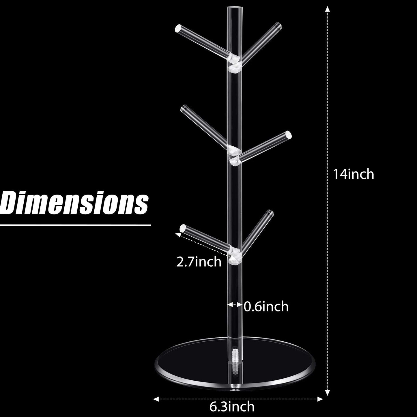 Patelai 14 Inch Acrylic Coffee Mug Tree Coffee Mug Rack Cup Holders for Counter with 6 Hooks Removable Stands(Acrylic,Clear)