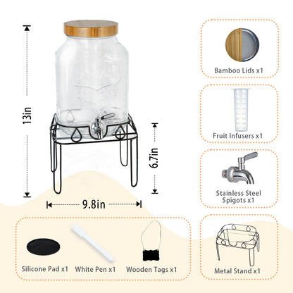 2 Gallon Glass Drink Dispenser with Stand and Bamboo Lid, Lemonade Dispenser with Stainless Steel Spigot, Glass Beverage Dispenser for Parties, Weddings, Kombucha, BBQ