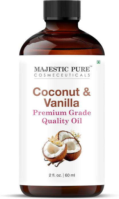 Majestic Pure Essential Oil with Glass Dropper - 100% Pure and Natural - Essential Oils for Diffuser, Aromatherapy, Soap and Candle Making, Coconut Vanilla Essential Oil, Coconut Vanilla Oil, 2 Fl Oz