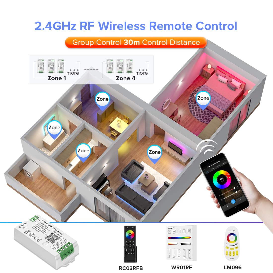 BTF-LIGHTING 5050SMD FCOB COB Dimming RF 2.4GHz Wireless Remote RC01RFB &4PCS C01RF Tuya Controller Kit 4 Zones Group Control PWM Single Color (+V -V) 2pin LED Neon Rope Light DC5V DC12V DC24V
