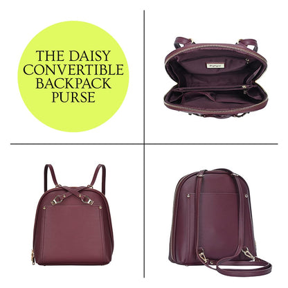 MMS Brands Miztique Daisy Convertible Backpack Purse for Women | Vegan Leather Shoulder Strap Bag or Convertible Backpack | (Berry)