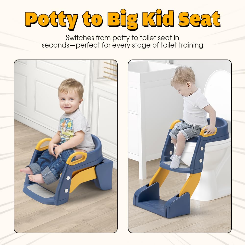 Playpals Potty Training Seat with Step Stool Ladder, 2 in 1 Potty Training Toilet with Urinals, Toddler Toilet Seat for Kids Boys Girls, Splash Guard Anti-Slip Pad Step Stool - Blue