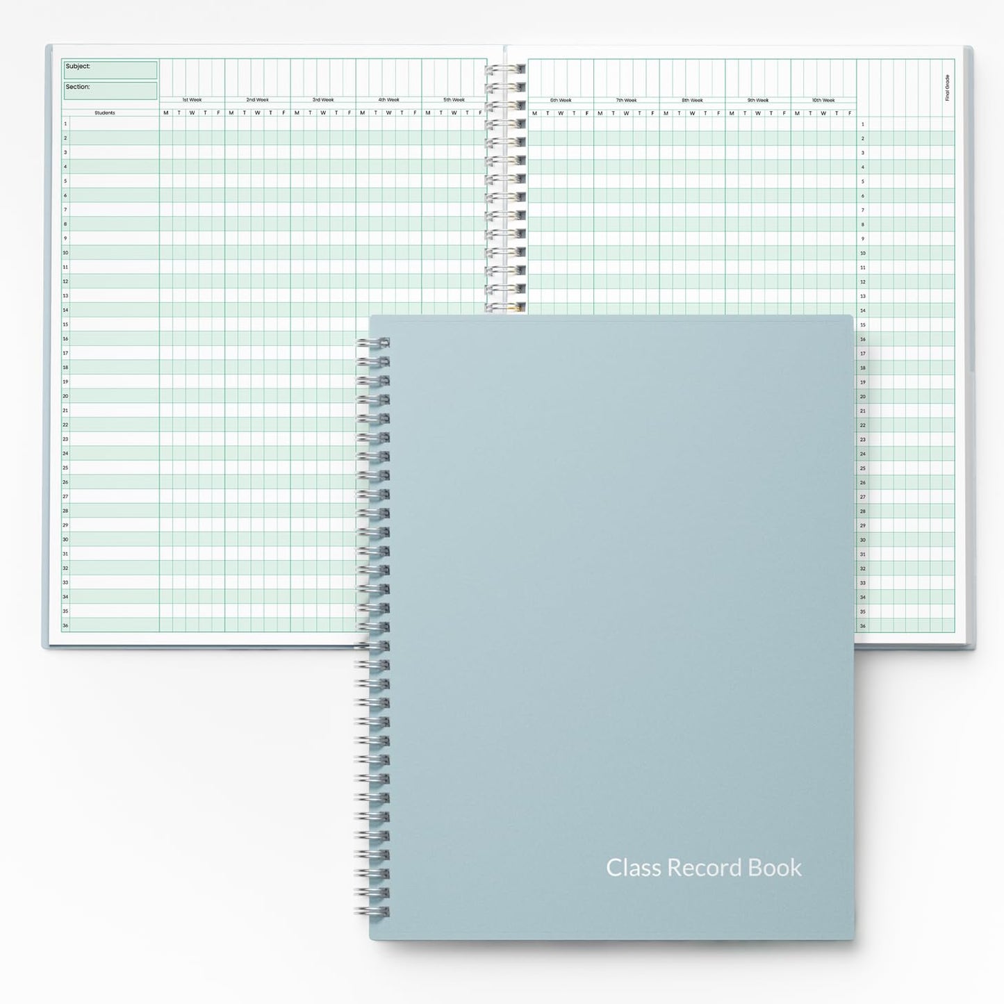SUNEE Teacher Class Record Book for 9-10 weeks, 36 Names, 8.5x11 Inch, 104 Pages (52 Sheets), 100gsm Thick Paper, Larger Grade Recording up to 36 Students with Water-Resistant Plastic Cover, Blue