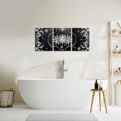 Sun And Moon Canvas Wall Art Set of 3 for Bedroom Living Room, Boho Exotic Style Paintings Wall Decor Black White Bohemian Mandala Print Wall Art Botanical Floral Decor Poster Prints