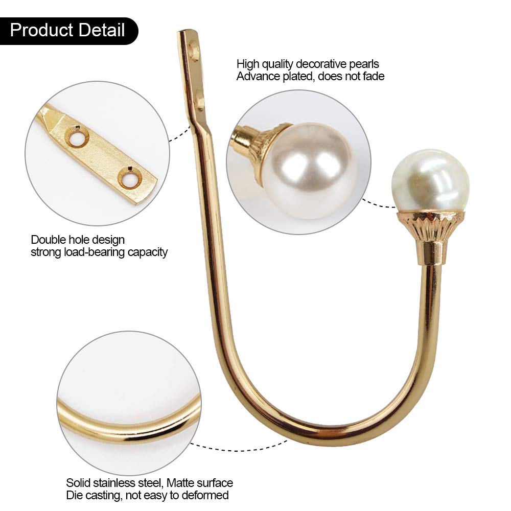 COCIVIVRE 2 Pack Curtain Holdbacks Wall Mounted Curtain Tiebacks Hooks Plastic Pearl U Shape Curtain Tiebacks with Screws Curtain Ties for Home Office-Gold