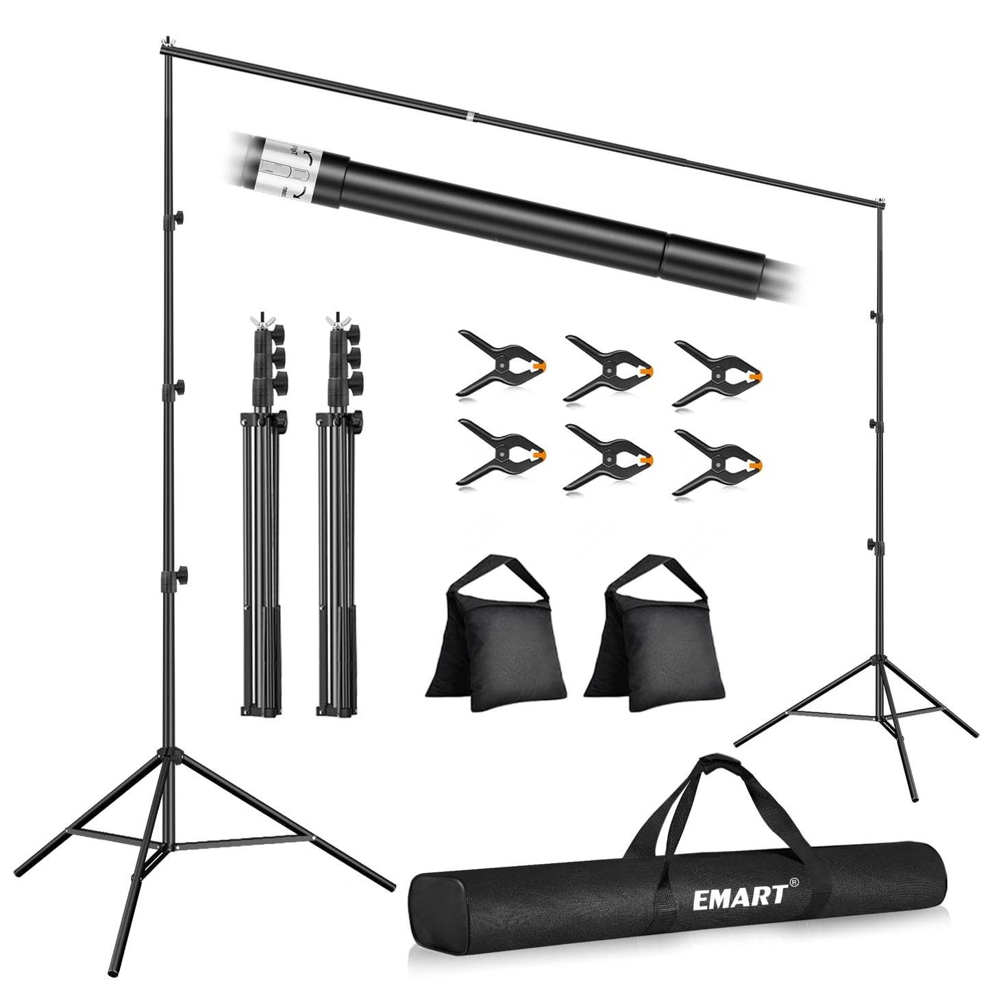 EMART 10x10FT Backdrop Stand, Photo Studio Back Drop Adjustable Stand with 6 Backdrop Clamps,2 Sandbags and Carry Bag,Heavy Duty Background Support System Kit for Photography,Parties,Wedding,Video