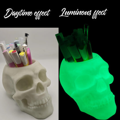 3D Printed Skull Pen Pencil Holder, Makeup Brush Holder, Vanty Desk Office Organzer Goth Decorations Gothic Skulls & Bones Large Capacity Organizer (Luminous)