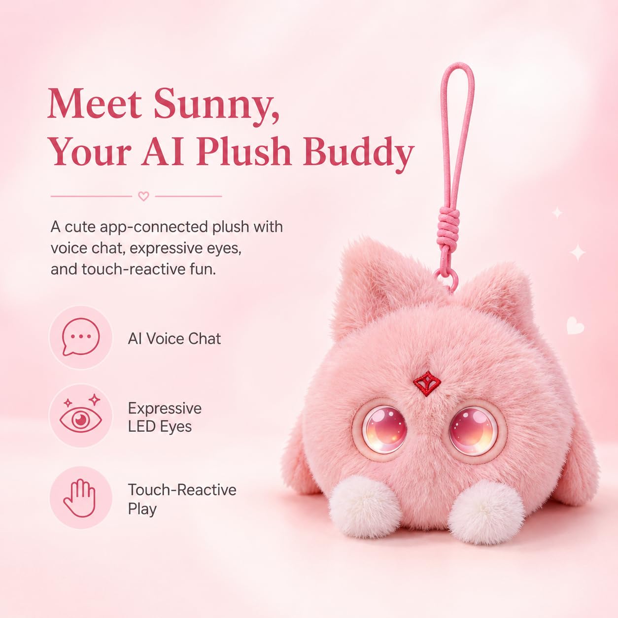 OKIVIVI AI Plush Bag Charm, Interactive Voice Chat Companion Stuffed Animals with App-Connected, Expressive LED Eyes, Touch-Reactive Stuffed Toy, Cute Plush Keychain Gift for Teens and Plush Lovers