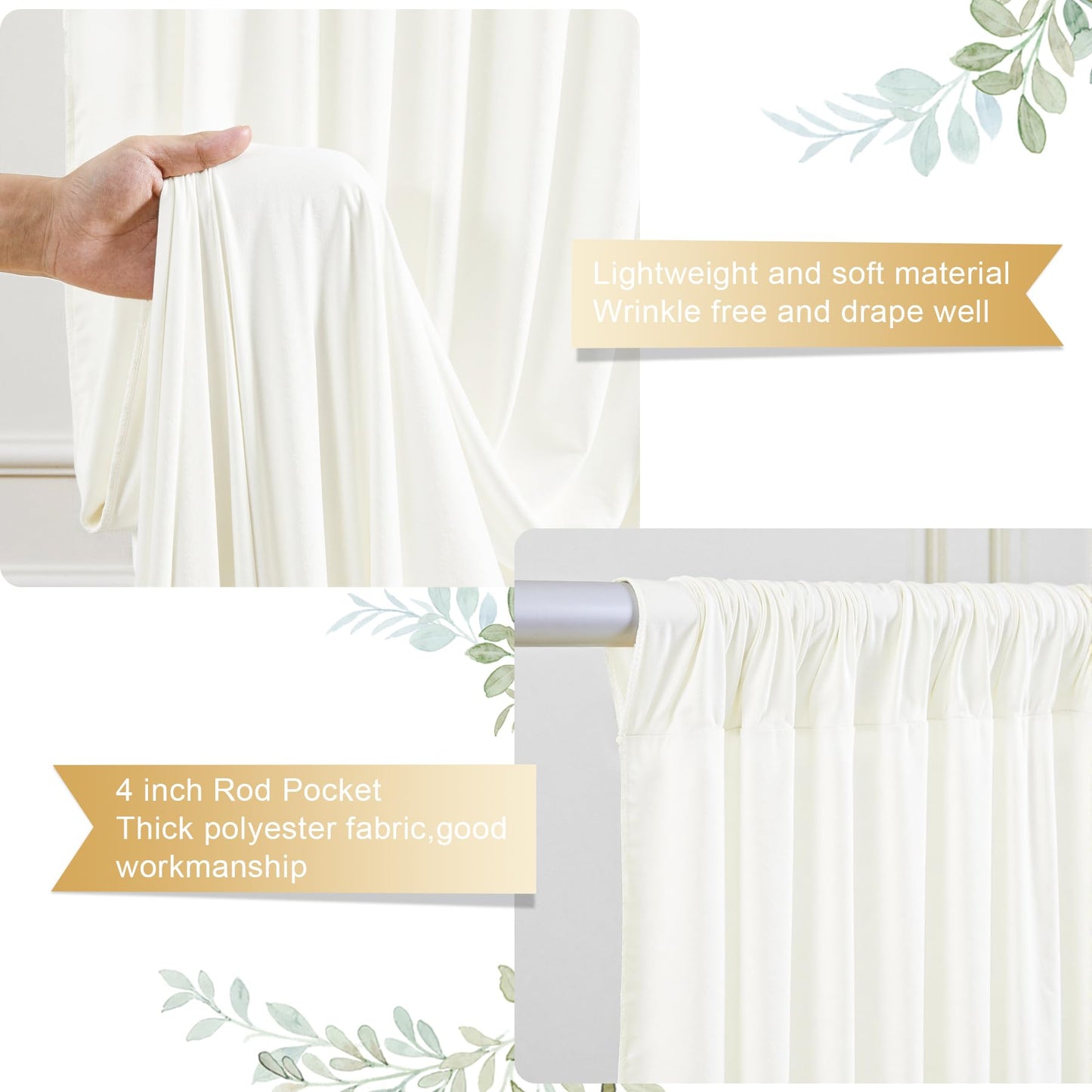 8 x 10ft Ivory Backdrop Curtains for Baby Shower Photo Background Curtains Wrinkle Resistant Backdrop for Party Photoshoot Polyester Curtains Drapes for Wedding Birthday with Rod Pocket, 2 Panels
