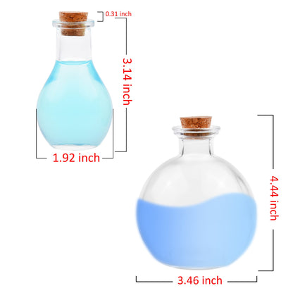 Eco-Fused Cosplay Potion Bottle 2x (Big/Small) - Clear Spherical, Wizard, Costume Accessory - Incl. Cork Stopper, Brown Faux Leather Sleeve Holder, Belt Loop
