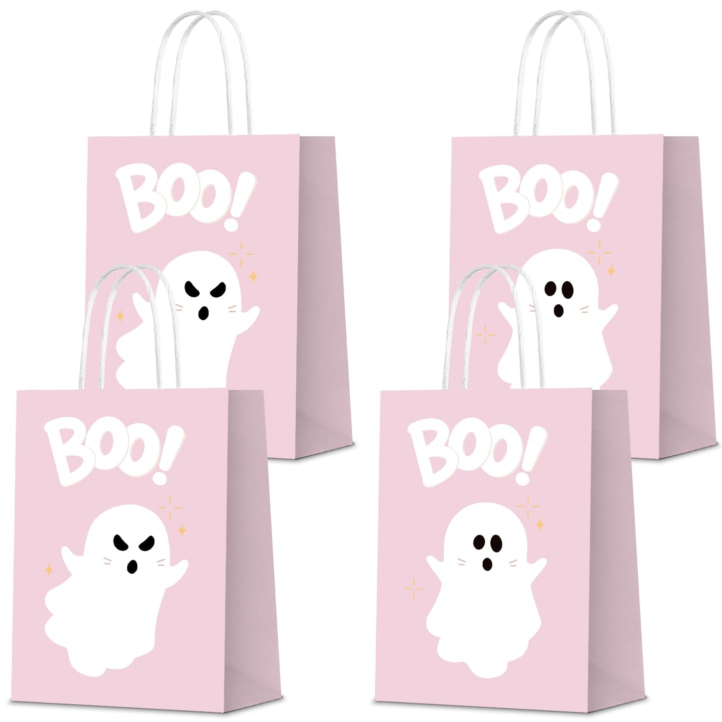 KERINGO 16 PCS Halloween Kraft Paper Gift Bags Pink Ghost Boo Design with Handles for Halloween Themed Trick or Treat Party Favors Supplies