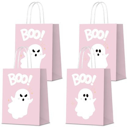 KERINGO 16 PCS Halloween Kraft Paper Gift Bags Pink Ghost Boo Design with Handles for Halloween Themed Trick or Treat Party Favors Supplies