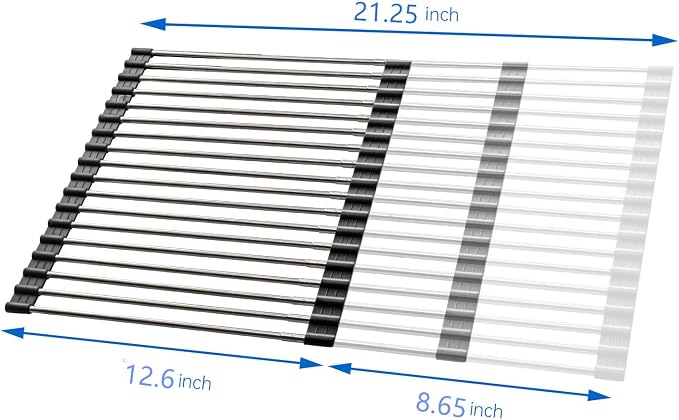 CHIRISEN Expandable Roll Up Dish Drying Rack Large, Foldable Over The Sink Dish Drying Rack, Collapsible Stainless Steel Drainer Over Sink Dish Drying Rack for Kitchen Counter (Black, 21.25''x12.79'')