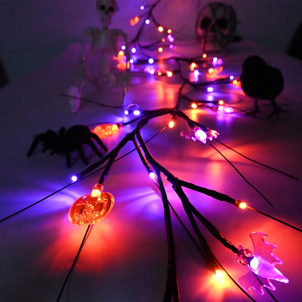PALONMY Halloween Decor Lights 8.8 Ft 72 LED Willow Vine Twig with Timer Battery Operated Garland Light 12 LED Pumpkin 12 LED Bats and 48 Lights Halloween Party Decoration for Home Wall Fireplace
