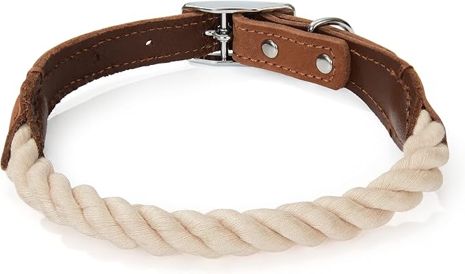 Mile High Life Genuine Leather Dog Collar, Durable Braided Cotton Rope Collar with Metal Pin Buckle for Small Medium Large Dogs (Beige, S Neck 11"-15")