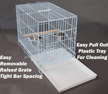 Travel and Vet Bird Parrot Beaks Proof Metal Cage Carrier Easy Foldable Clean with Stainless Bowls and Wooden Stand Perch