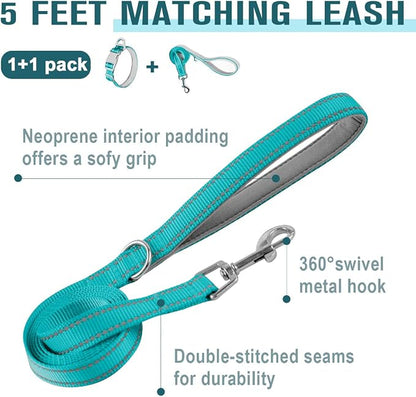 Dog Collar for Medium Small Large Dogs Reflective with Leash,Collar and Leash for Dogs,Soft Neoprene Padded 2 Pack(Ocean Blue,M)