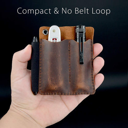 EDC Leather Pocket Organizer, Pocket Slip, Pocket Knife Pouch, EDC Carrier, with Pen Loop, Everyday Carry Organizers, Full Grain Leather. Chestnut.