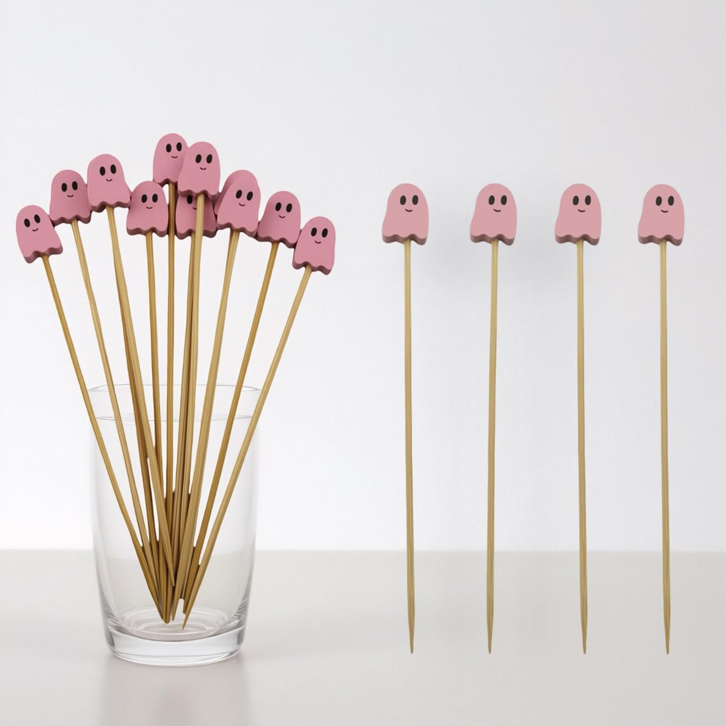 100 Pcs Ghost Cocktail Picks for Halloween and Fall – Bamboo Toothpicks with Cute Ghost Design for Appetizers, Fruit, Desserts, Coffee Drinks, Cake Toppers and Party Decorations (pink)