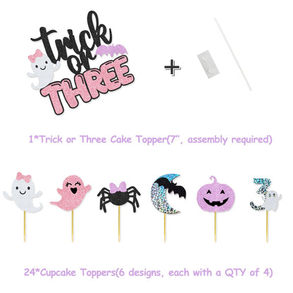 90 Pcs Trick Or Three Party Kit Trick Or Three Banner Cake Topper Halloween Ghost Bat Balloons for Pink Purle Halloween Girl Third Birthday Party Decorations