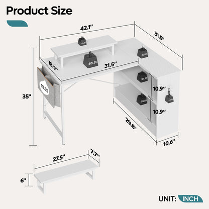 Bestier L Shaped Gaming Desk with LED Lights, 42 Inch Computer Desk with Monitor Stand & Open Storage Cabinet,Writing Study Corner Desk for Home Office Bedroom, White