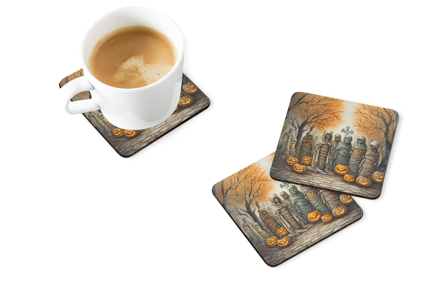 Caroline's Treasures Mummies Spooky Halloween Foam Coaster Set of 4 Cup Coasters for Indoor and Outdoor, Coaster for Tabletop Protection, Anti Slip, Mouse pad Material