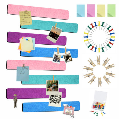 Vuzvuv 8 pcs Bulletin Board Bar Strips with 50 Pushpins & 10 Wooden Clip pins，Self Adhesive Cork Board for Wall，Felt Pin Board for School，Office Decor(Green Blue Pink Purple)