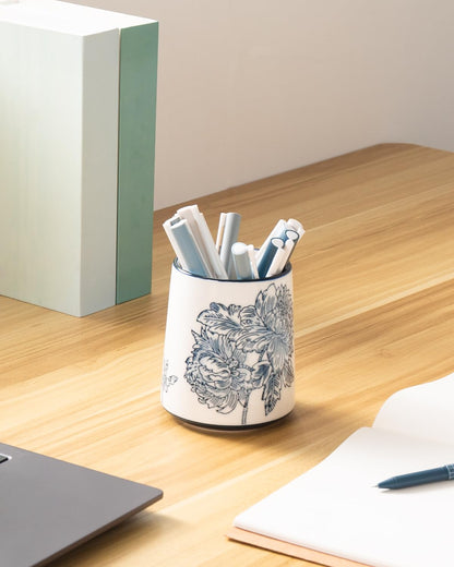 Magclay Pencil Holder for Desk, Ceramic Pen Holder, Blue and White Chinoiserie Desk Pen Organizer, Flowers and Branches