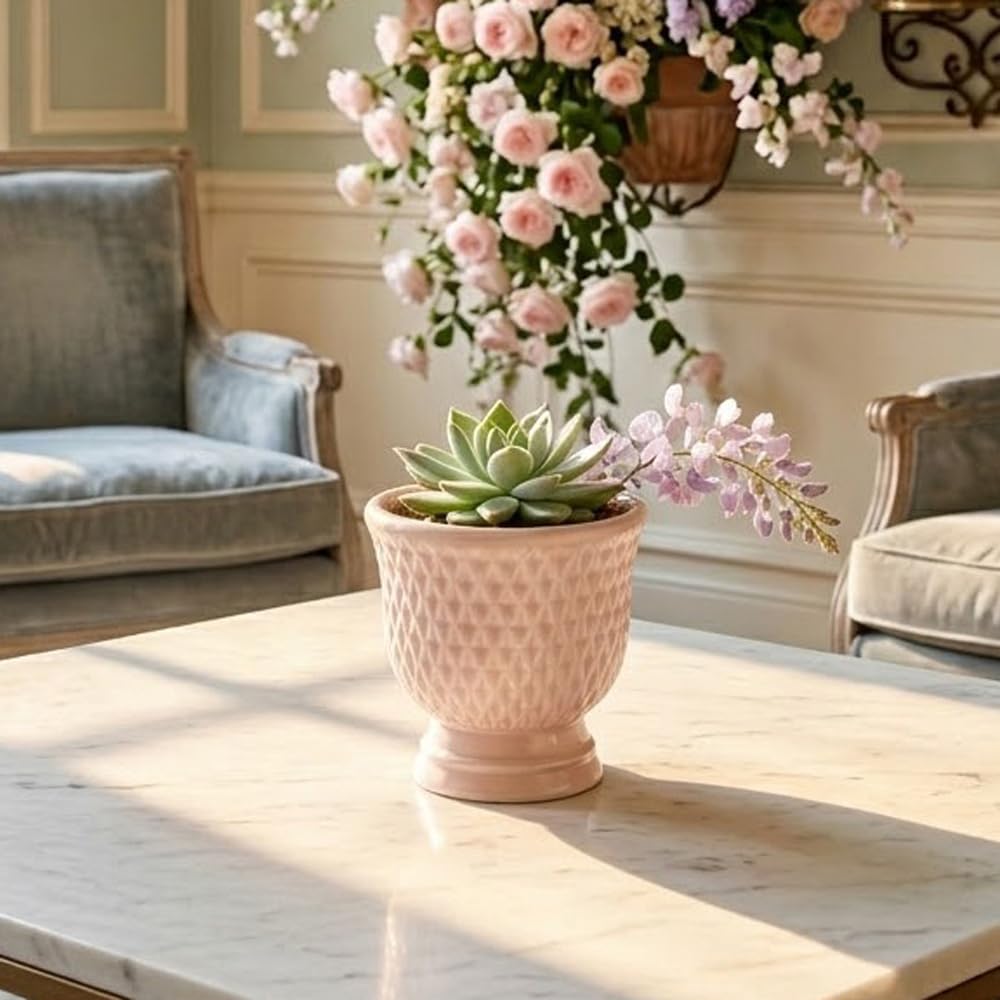 Napco Imports Decorative Home or Garden 4 x 4.75 Inch Indoor or Outdoor Compote Flower Pot Planter Pink Dimple