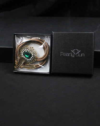 PEARLY JUN Bolo Tie for Men Women Rhinestone Emerald Gold Cowboy Brown Country Style Handmade Leather String Rodeo Festive Days Gifts