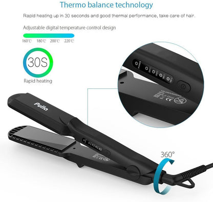 Pulla Hair Straightener and Crimper - 4 in 1 Tourmaline Ceramic Flat and Curling Iron for Hair Styling with Adjustable Temperature - Salon High Heat 320°F - 430°F for All Hair Types