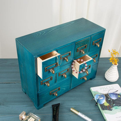 Apothecary Cabinet with 10 Drawers & Labels Rustic Library Card Catalog Cabinet Desktop Wooden Storage Box for Organize Herbal、Tea Bag、Jewelry (Blue)