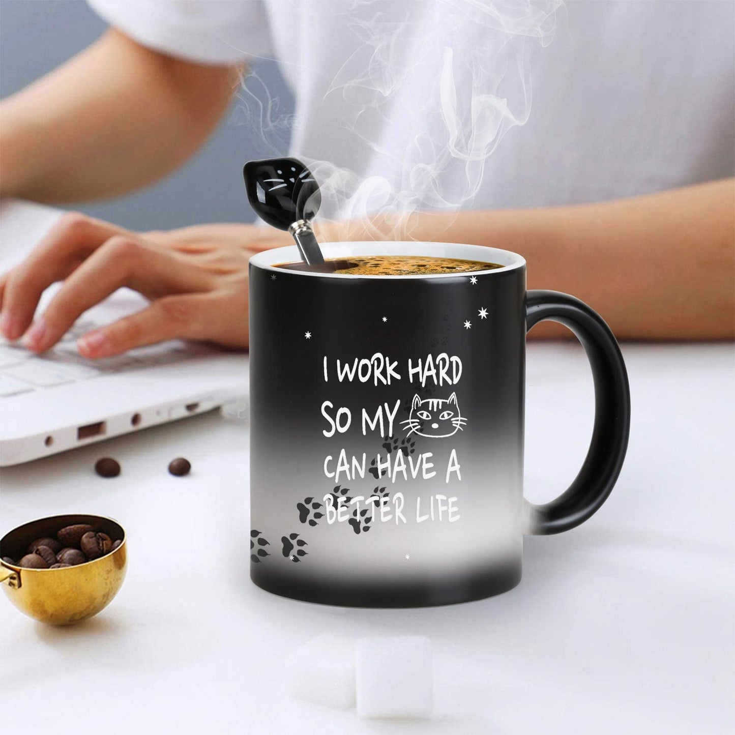 MUGKISS Color Changing Coffee Mug 11oz - I Work Hard So My Cat Can Have a Better Life - Halloween Cat Cup With Black Lid and Head Spoon, Gifts for Birthday, Christmas