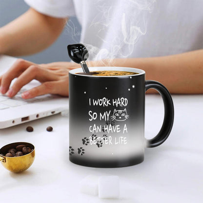 MUGKISS Color Changing Coffee Mug 11oz - I Work Hard So My Cat Can Have a Better Life - Halloween Cat Cup With Black Lid and Head Spoon, Gifts for Birthday, Christmas