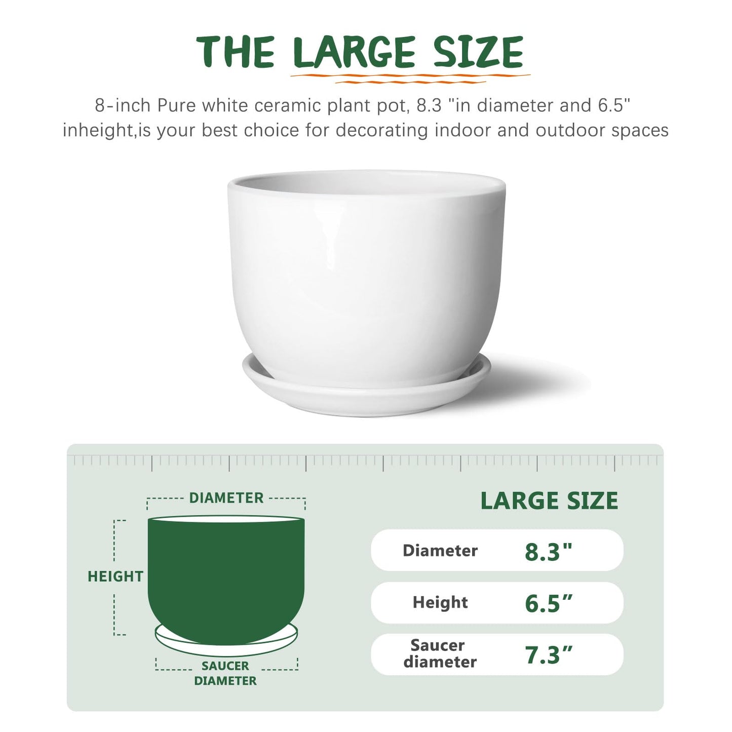 YUFDA 8 Inch Ceramic Planter, Plant Pots with Drainage Hole and Separable Saucer,Indoor-Outdoor Round Succulent Orchid Flower Pot,Indoor pots for Plants(Smooth White,Plant Pot only)