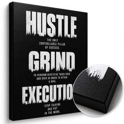DINGFUN Inspirational Poster for Office Canvas Wall Art, Hustle Grind Execution Quote Print, Black Motivational Decor for Home Office Dorm Gym Classroom, Single Panel Wall Decor 24x18inch