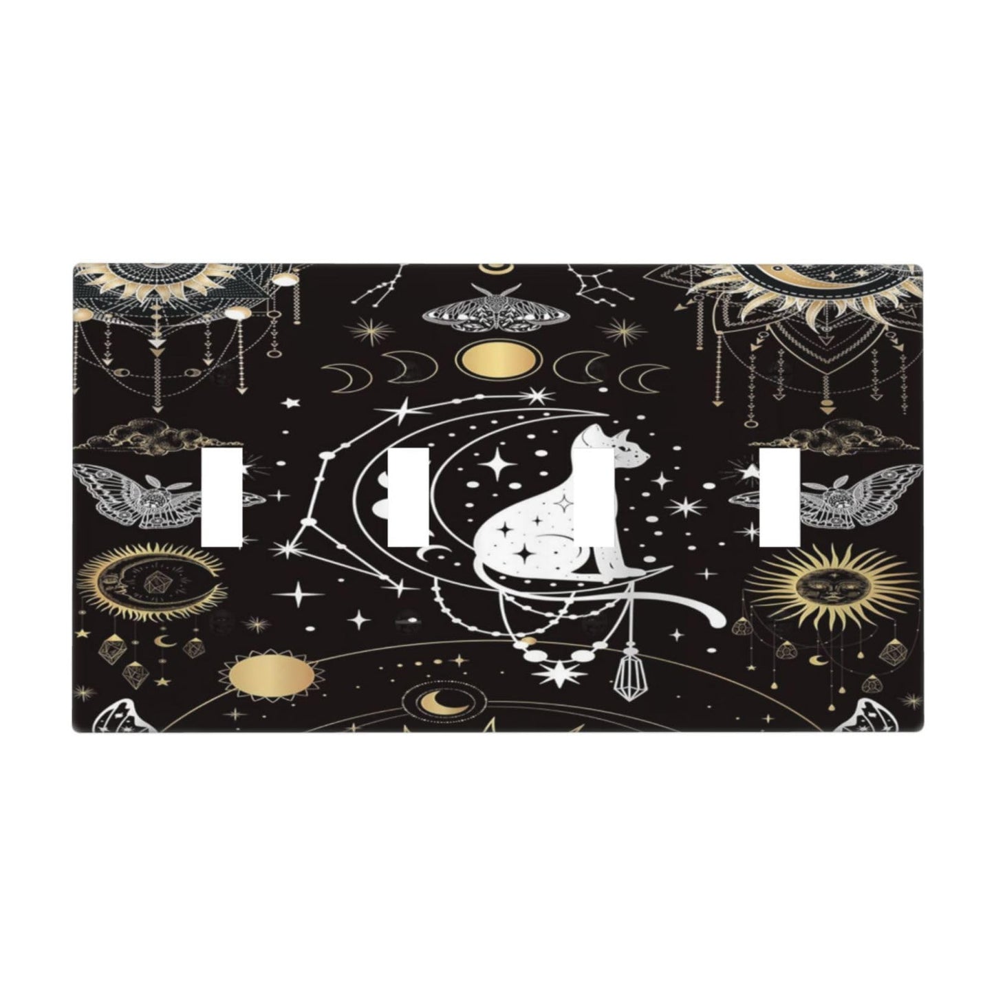 White Cat Tarot Moon Phases Moth Celestial Gothic Light Switch Covers Quad Toggle Electrical Faceplate 4 Gang Wall Plate Decorative Switch Plates Cover for Kids Room Bedroom Decor