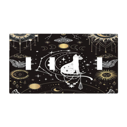 White Cat Tarot Moon Phases Moth Celestial Gothic Light Switch Covers Quad Toggle Electrical Faceplate 4 Gang Wall Plate Decorative Switch Plates Cover for Kids Room Bedroom Decor
