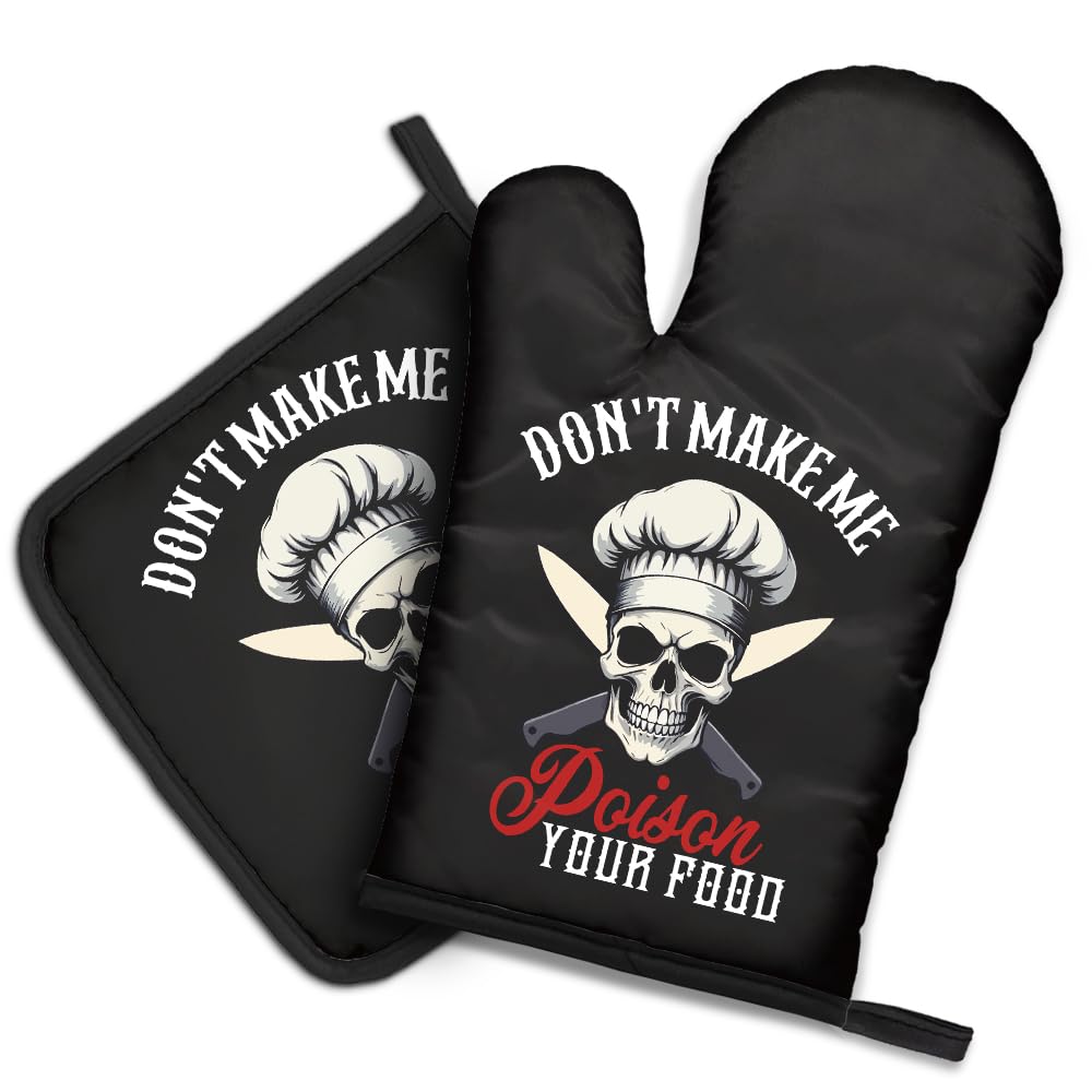 DYJYBMY Don't Make Me Poison Your Food Funny Goth Oven Mitts and Pot Holder Set, Funny Skeleton Kitchen Gadgets for Male Host Hostess, Housewarming Baking Gifts for Mom Dad Wife Husband Sister Friend