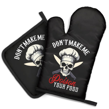 DYJYBMY Don't Make Me Poison Your Food Funny Goth Oven Mitts and Pot Holder Set, Funny Skeleton Kitchen Gadgets for Male Host Hostess, Housewarming Baking Gifts for Mom Dad Wife Husband Sister Friend