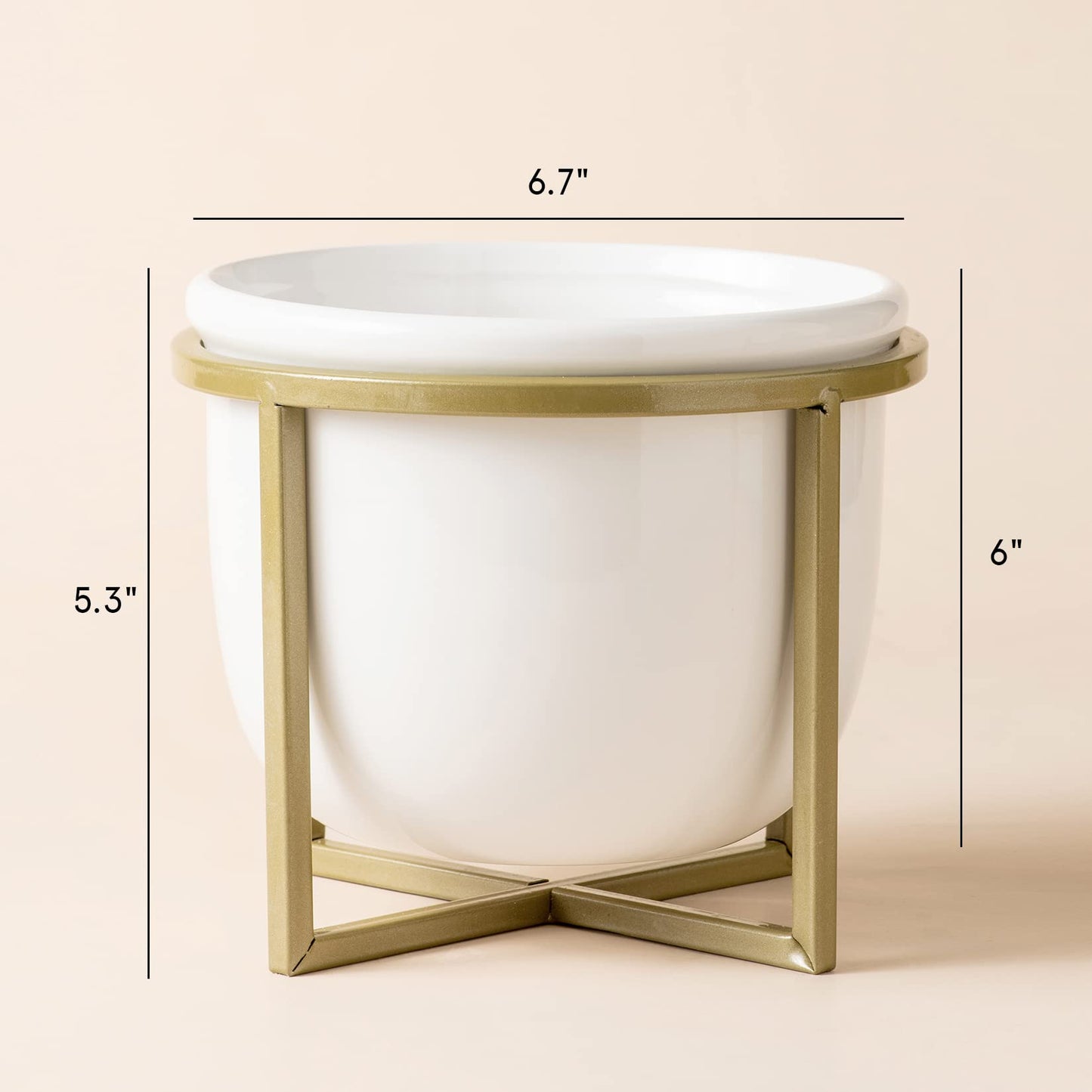 LA JOLIE MUSE Ceramic Flower Plant Pot with Stand - 6.7 Inch White Indoor Planter Pot with Gold Metal Stand for Herbs Orchids Cacti Succulents