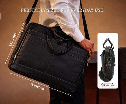 NomadCraftsCo. Black Leather Messenger Bag for Men, Genuine Leather Briefcase, 18 Inch Work Satchel for Office, Travel, and Business Use